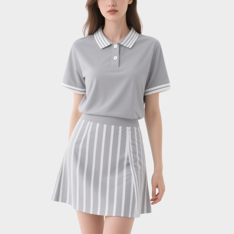 Chic Sporty Grey & White Striped Polo Top with Mini Skirt Set
