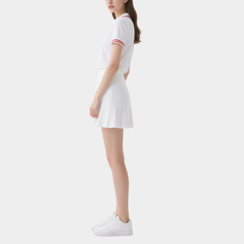 Polo Top with Red Trimmed Collar & Mini Skirt Set Sporty Stylish