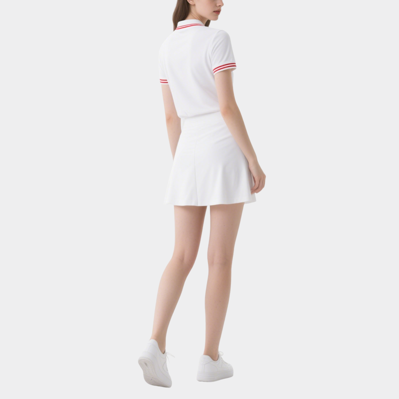 Polo Top with Red Trimmed Collar & Mini Skirt Set Sporty Stylish