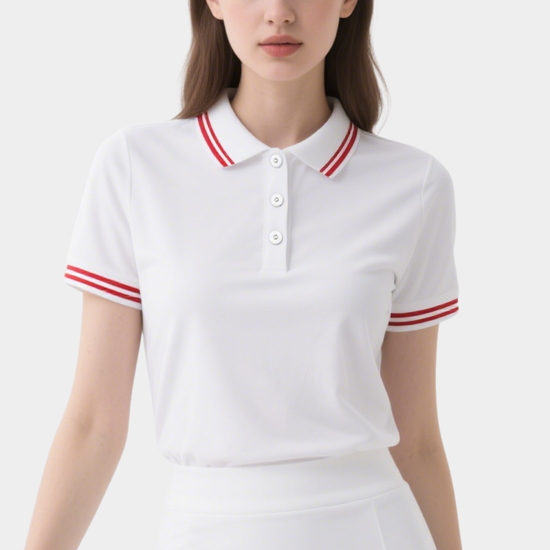 Polo Top with Red Trimmed Collar & Mini Skirt Set Sporty Stylish