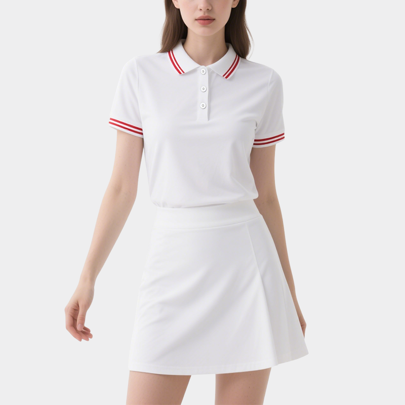 Polo Top with Red Trimmed Collar & Mini Skirt Set Sporty Stylish