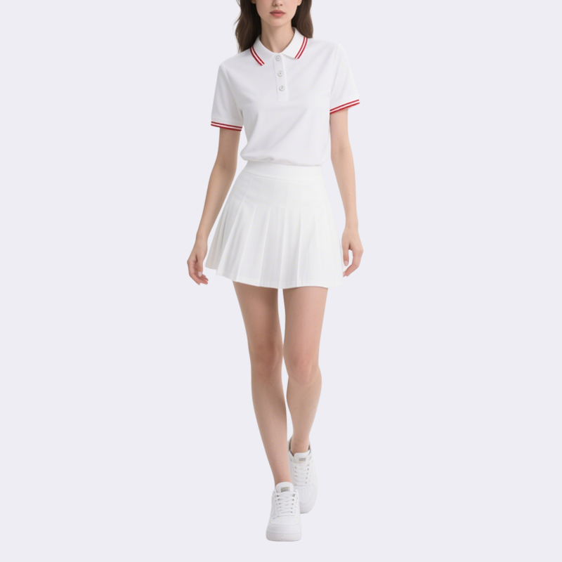Polo Top with Red Trim & Pleated Mini Skirt Set Sporty Stylish