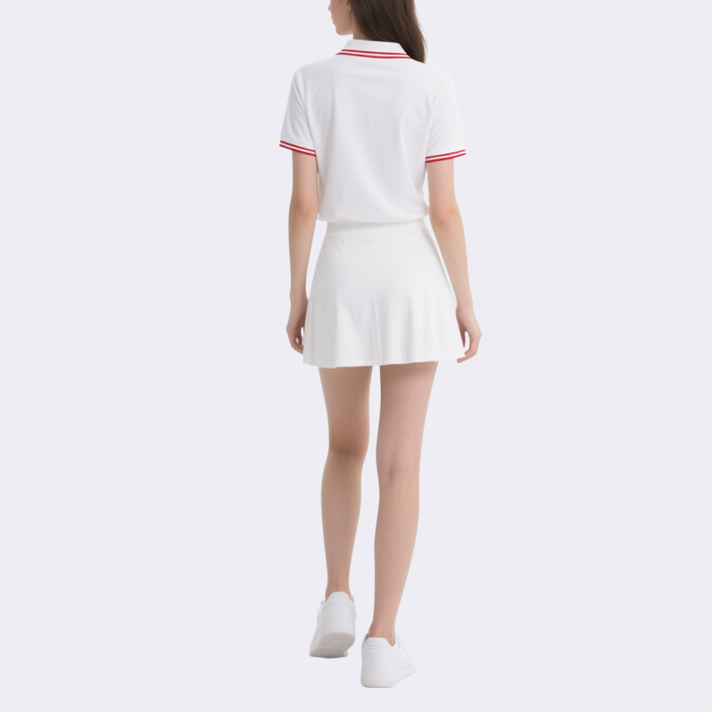 Polo Top with Red Trim & Pleated Mini Skirt Set Sporty Stylish