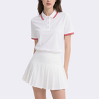Polo Top with Red Trim & Pleated Mini Skirt Set Sporty Stylish