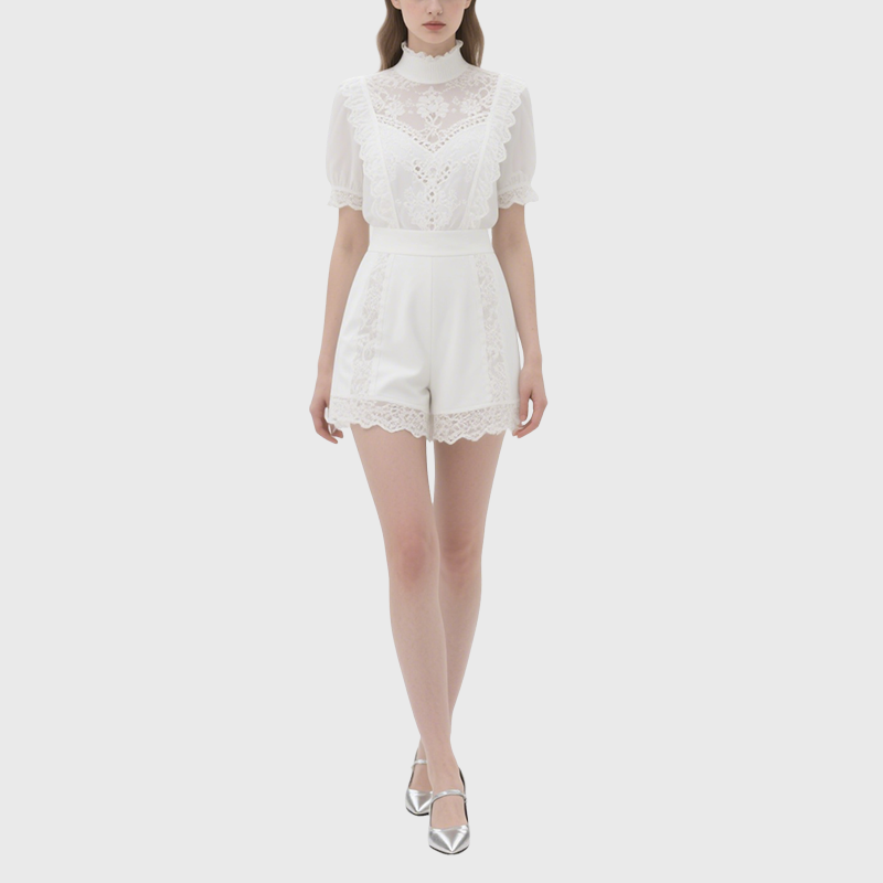 Elegant White Lace High Neck Puff Sleeve Top & Lace Trimmed Shorts Set
