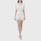 Elegant White Lace High Neck Puff Sleeve Top & Lace Trimmed Shorts Set
