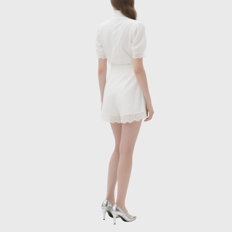 Elegant White Lace High Neck Puff Sleeve Top & Lace Trimmed Shorts Set