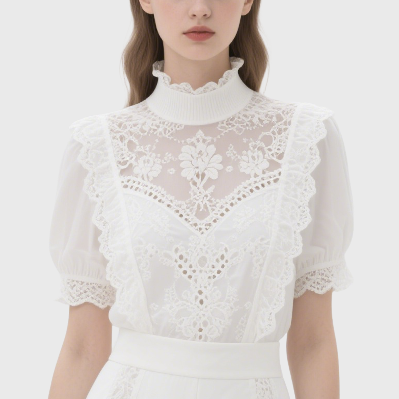 Elegant White Lace High Neck Puff Sleeve Top & Lace Trimmed Shorts Set