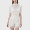 Elegant White Lace High Neck Puff Sleeve Top & Lace Trimmed Shorts Set