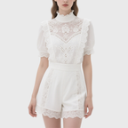 Elegant White Lace High Neck Puff Sleeve Top & Lace Trimmed Shorts Set
