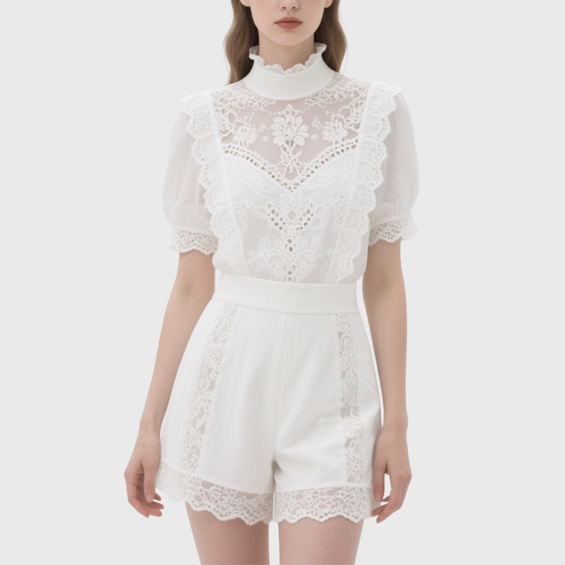 Elegant White Lace High Neck Puff Sleeve Top & Lace Trimmed Shorts Set
