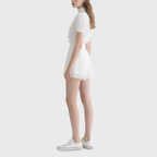 Elegant White Mock Neck Puff Sleeve Lace Top & Shorts Set