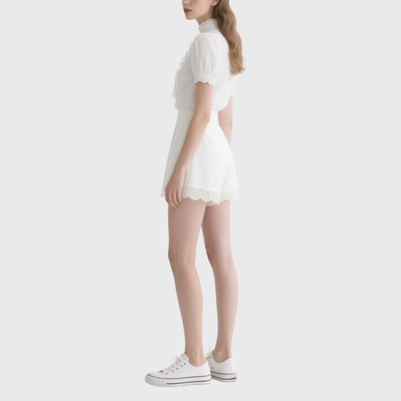Elegant White Mock Neck Puff Sleeve Lace Top & Shorts Set