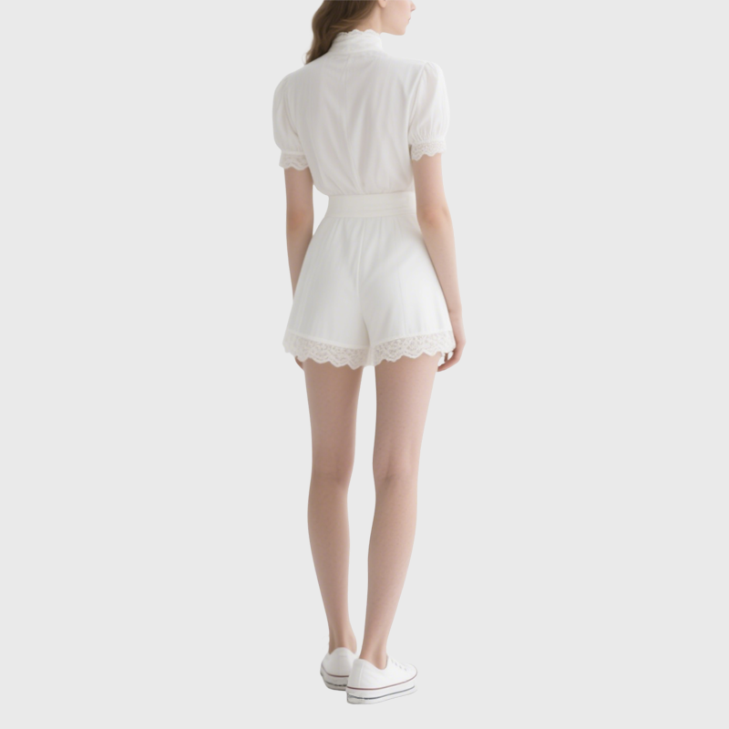 Elegant White Mock Neck Puff Sleeve Lace Top & Shorts Set
