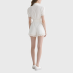 Elegant White Mock Neck Puff Sleeve Lace Top & Shorts Set