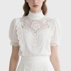 Elegant White Mock Neck Puff Sleeve Lace Top & Shorts Set