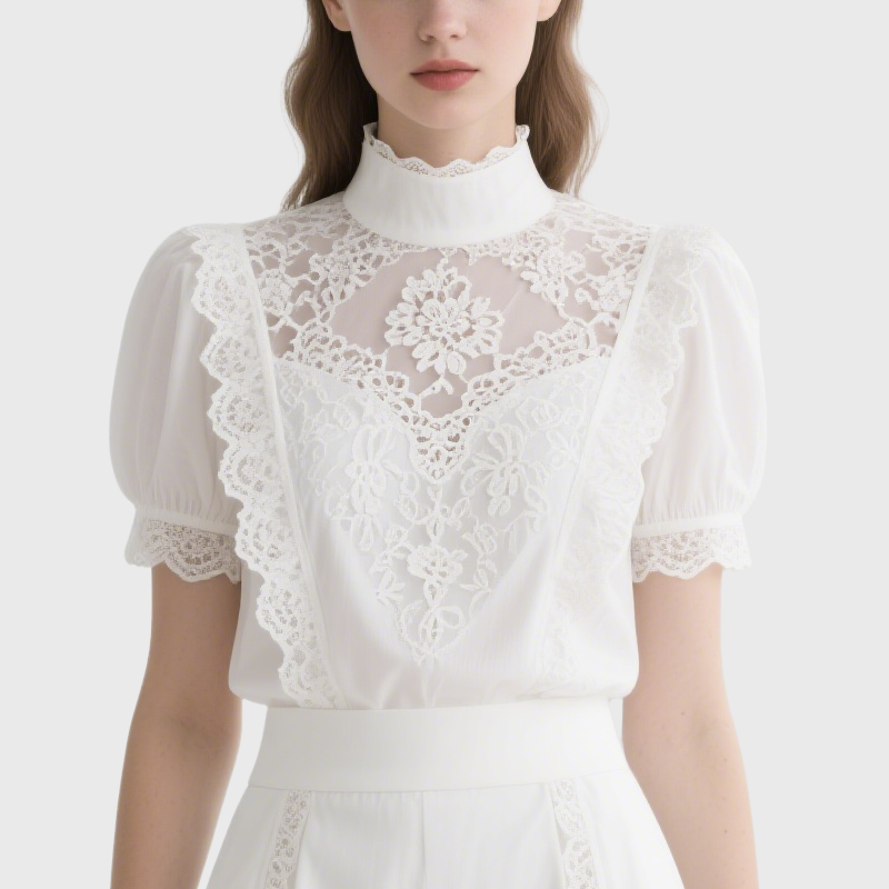 Elegant White Mock Neck Puff Sleeve Lace Top & Shorts Set