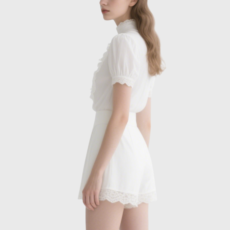 Elegant White Mock Neck Puff Sleeve Lace Top & Shorts Set