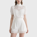 Elegant White Mock Neck Puff Sleeve Lace Top & Shorts Set