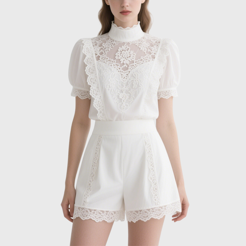 Elegant White Mock Neck Puff Sleeve Lace Top & Shorts Set