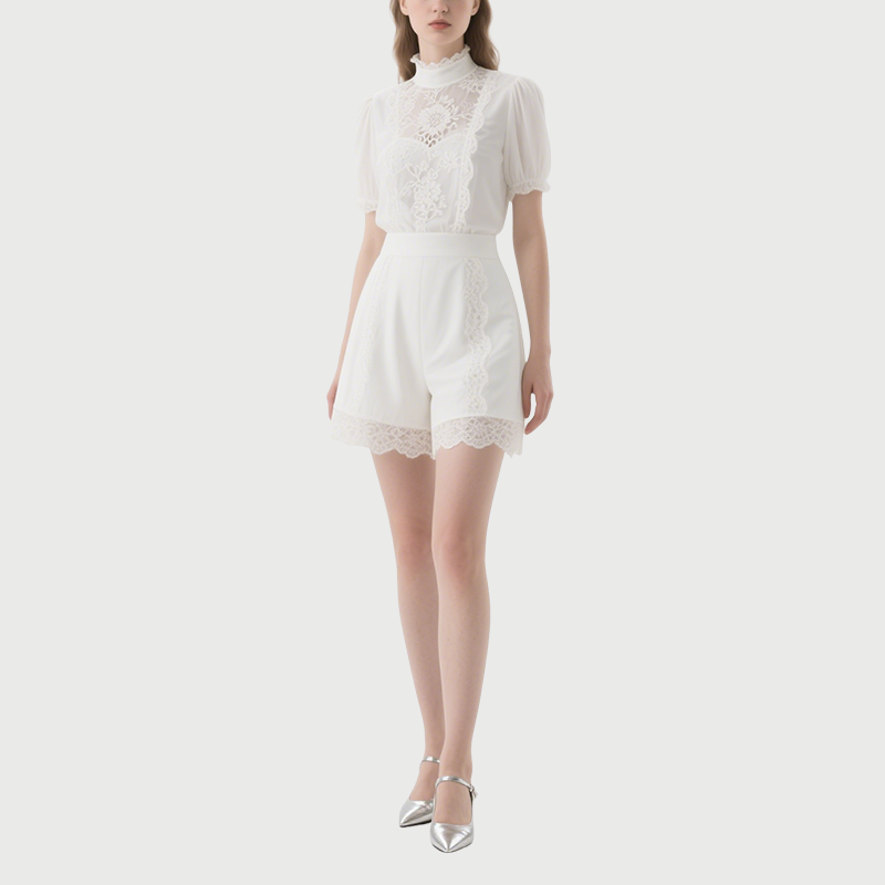 Chic White Floral Lace Mock Neck Blouse with Shorts Set