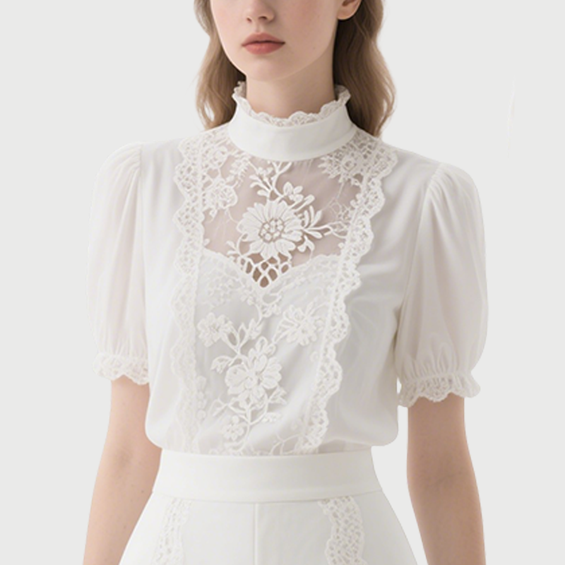 Chic White Floral Lace Mock Neck Blouse with Shorts Set
