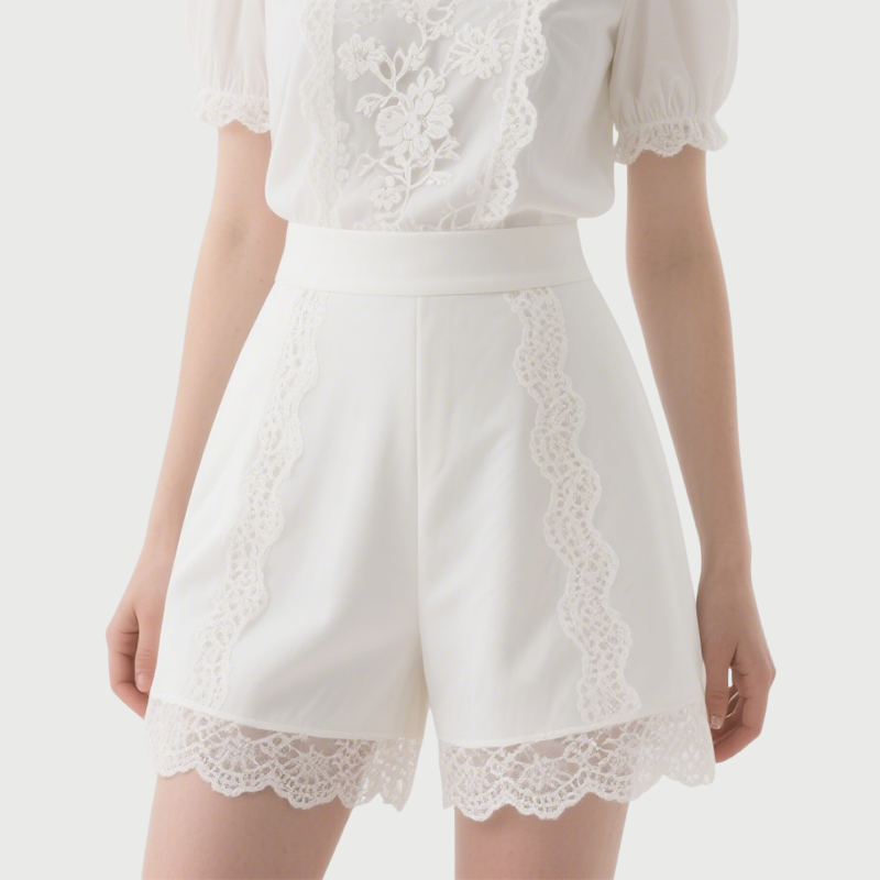 Chic White Floral Lace Mock Neck Blouse with Shorts Set