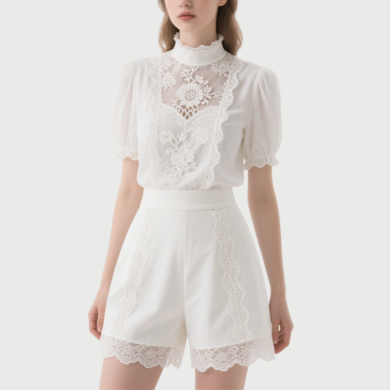 Chic White Floral Lace Mock Neck Blouse with Shorts Set