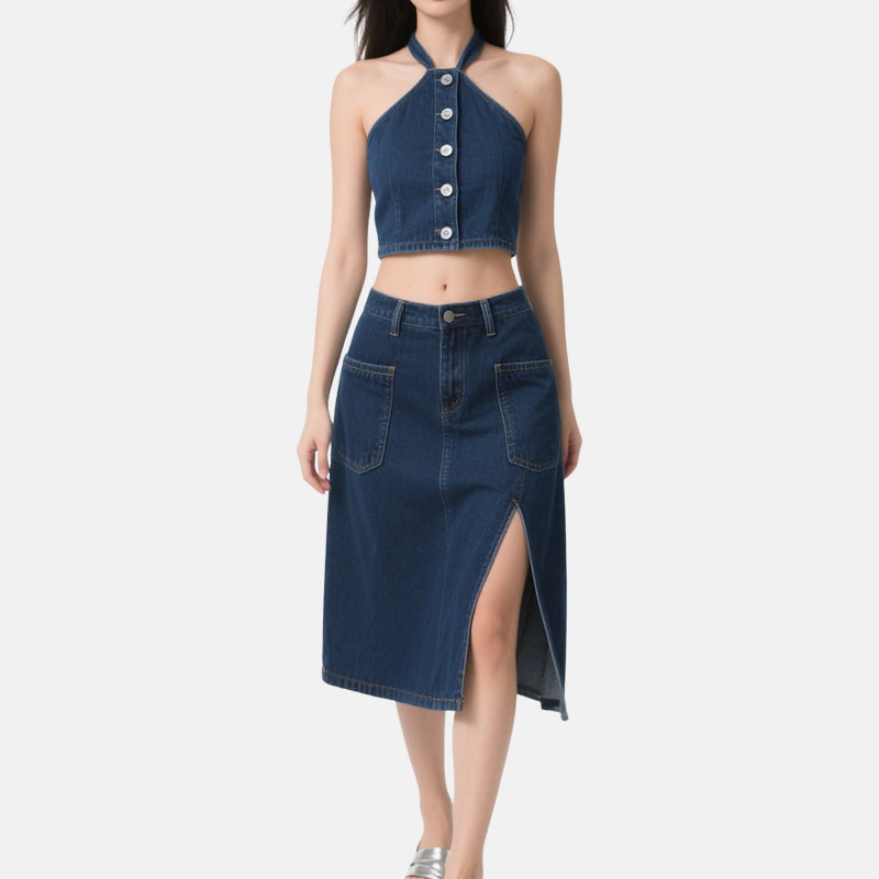Women's Denim Halter Neck Summer Tank