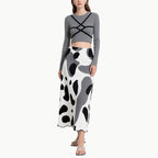 Cropped Knit Top with Cross Straps & Ink Skirt Two-Piece Set