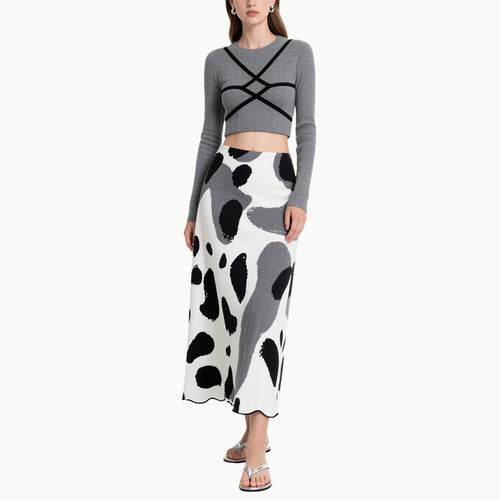 Cropped Knit Top with Cross Straps & Ink Skirt Two-Piece Set