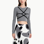 Cropped Knit Top with Cross Straps & Ink Skirt Two-Piece Set