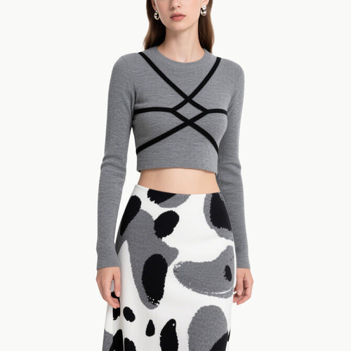 Cropped Knit Top with Cross Straps & Ink Skirt Two-Piece Set