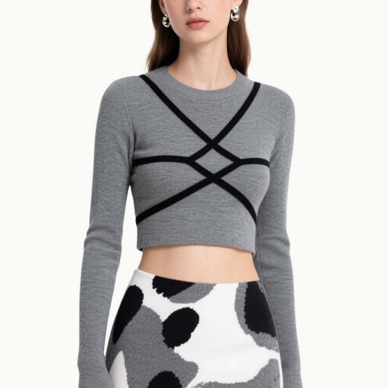 Cropped Knit Top with Cross Straps & Ink Skirt Two-Piece Set