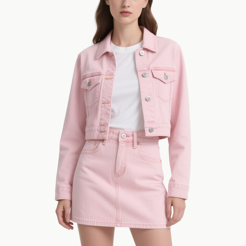 Denim Jacket & Skirt Set Casual Chic Outfit with Pocket