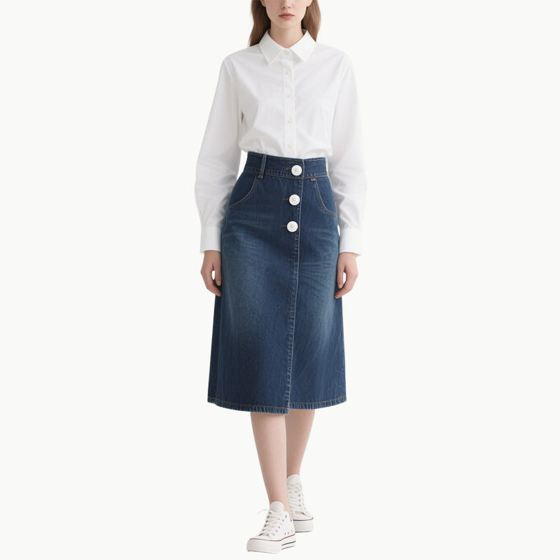 Chic Women's White Shirt & Denim Skirt Set Classic Versatile