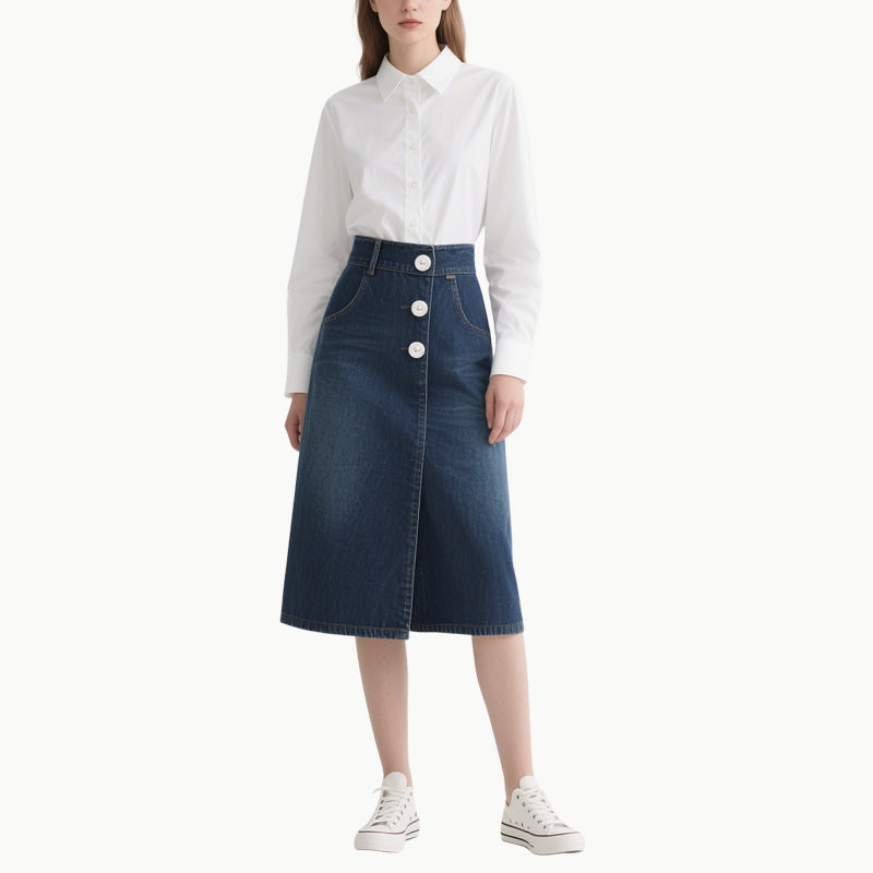 Chic Women's White Shirt & Denim Skirt Set Classic Versatile