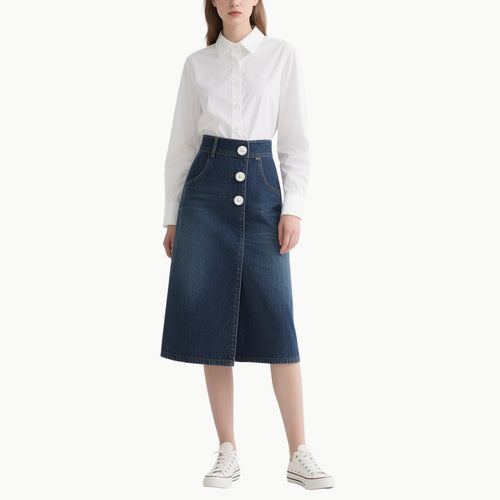 Chic Women's White Shirt & Denim Skirt Set Classic Versatile