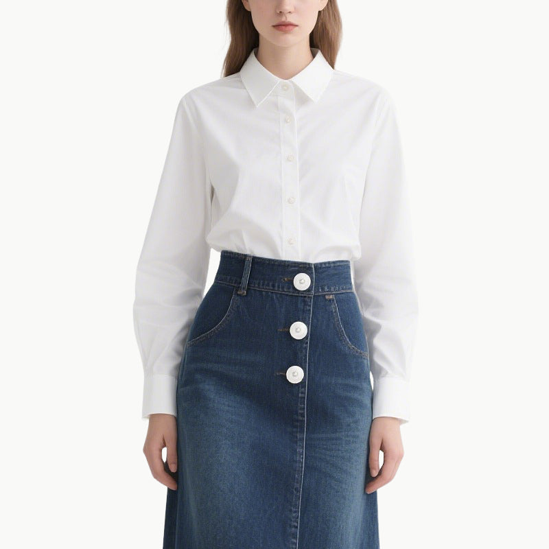 Chic Women's White Shirt & Denim Skirt Set Classic Versatile