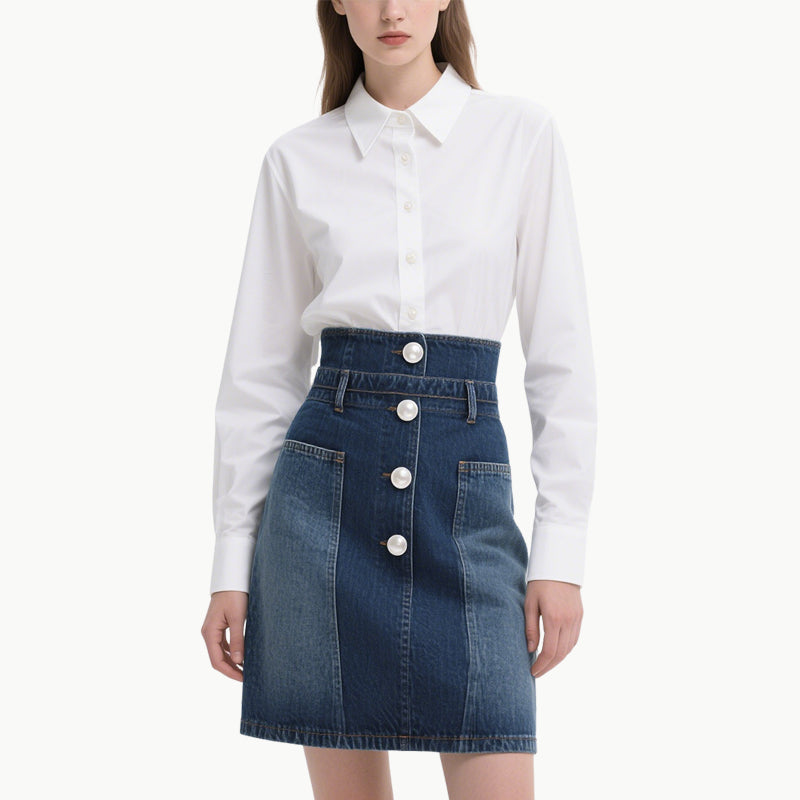 Chic Women's White Shirt & Denim Skirt Set Classic Versatile
