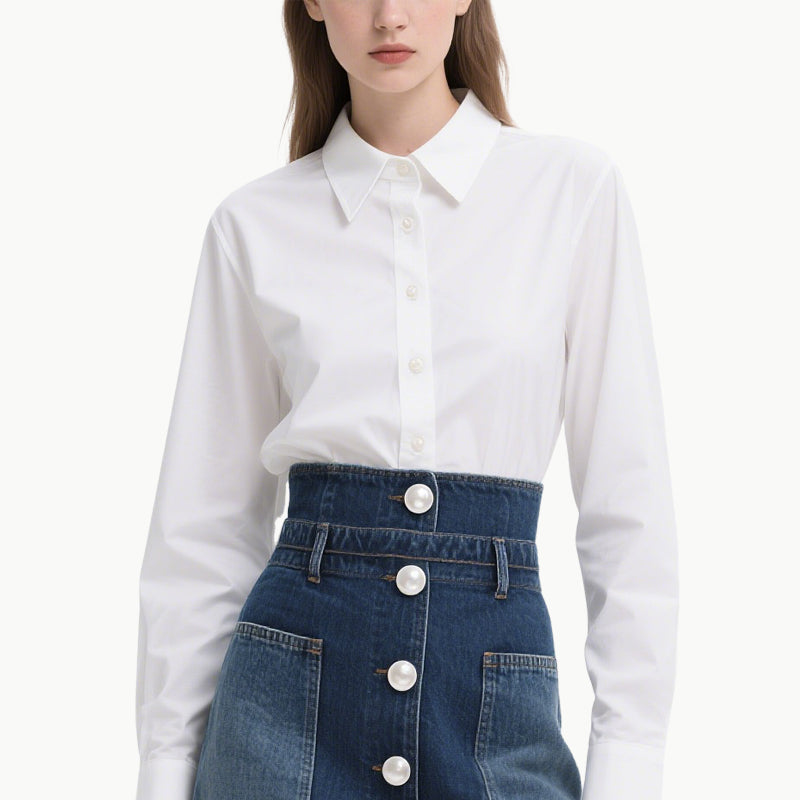 Chic Women's White Shirt & Denim Skirt Set Classic Versatile