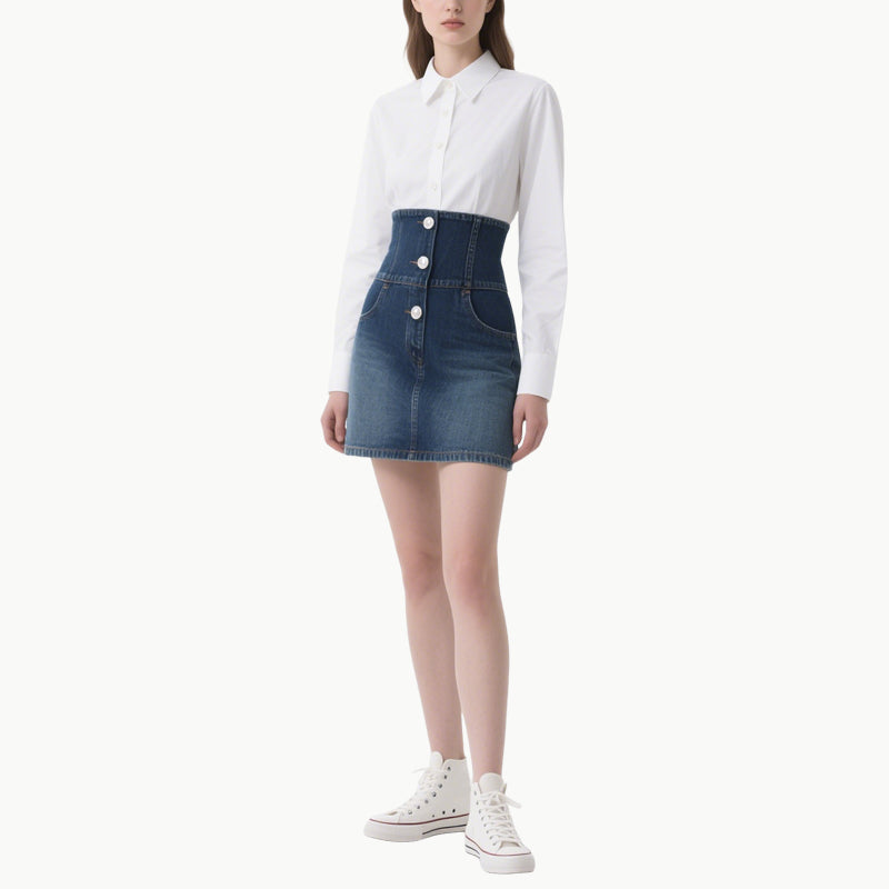 Chic Women's White Shirt & Denim Skirt Set Classic Versatile