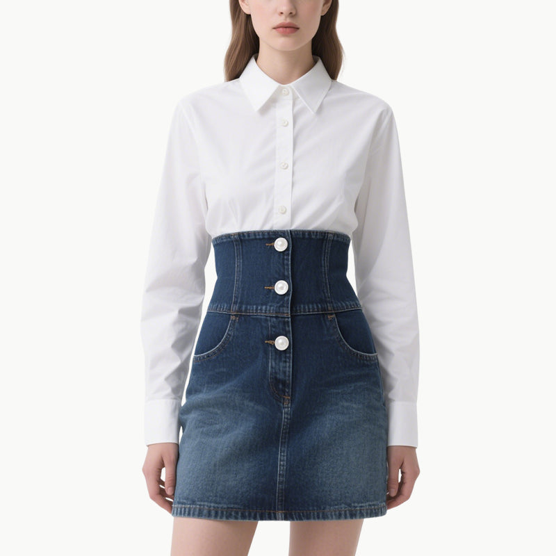 Chic Women's White Shirt & Denim Skirt Set Classic Versatile