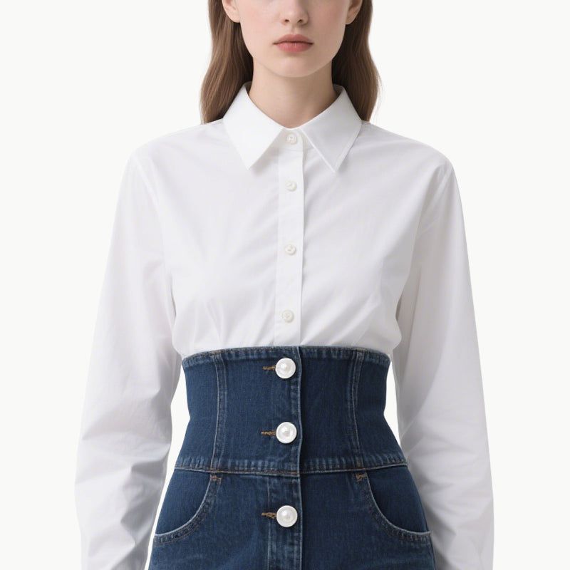 Chic Women's White Shirt & Denim Skirt Set Classic Versatile