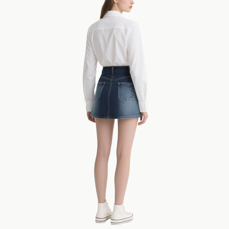 Chic Women's White Shirt & Denim Skirt Set Classic Versatile