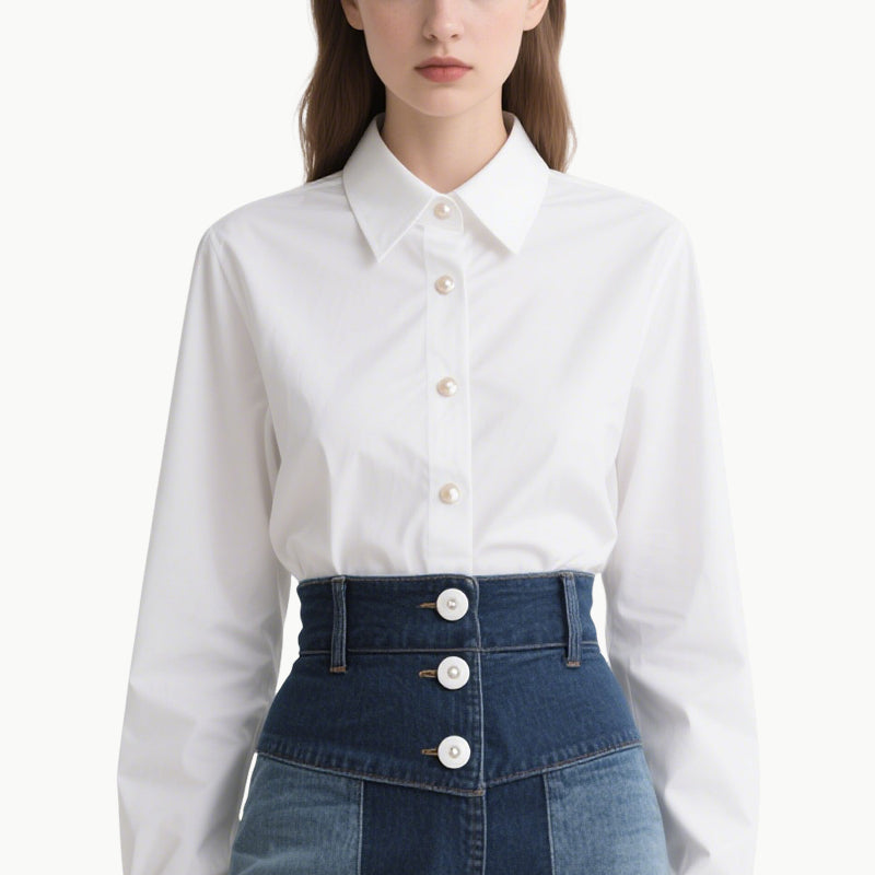 Chic Women's White Shirt & Denim Skirt Set Classic Versatile