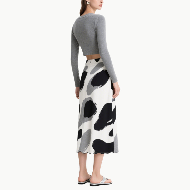 Elegant Two Piece Set Cropped Bow-Knot Top & Abstract High Waist Skirt