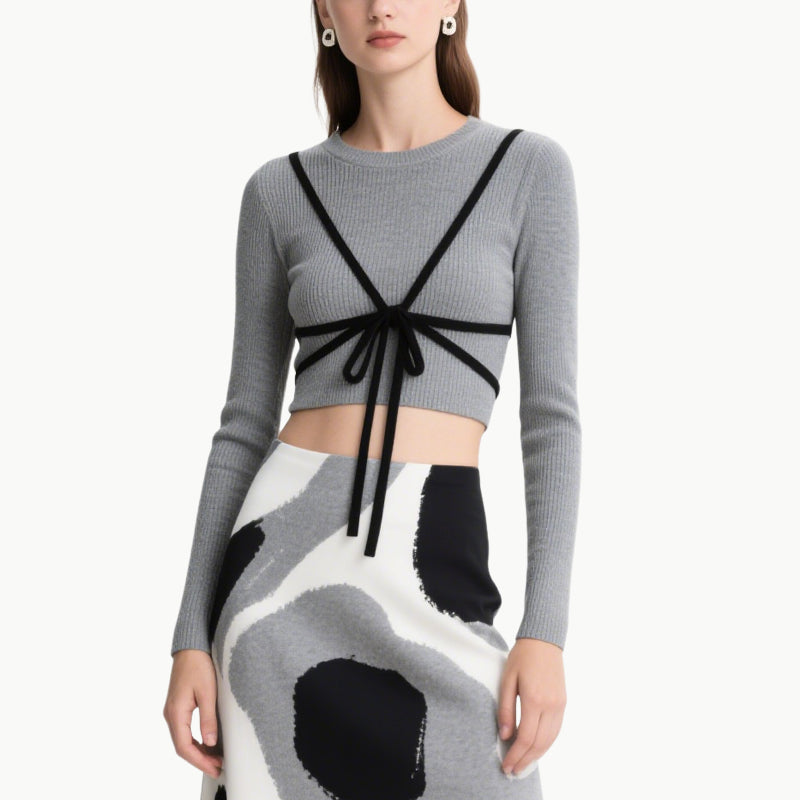 Elegant Two Piece Set Cropped Bow-Knot Top & Abstract High Waist Skirt