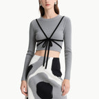 Elegant Two Piece Set Cropped Bow-Knot Top & Abstract High Waist Skirt
