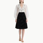 Elegant V-Neck Lantern Sleeve Top & Midi Skirt Set